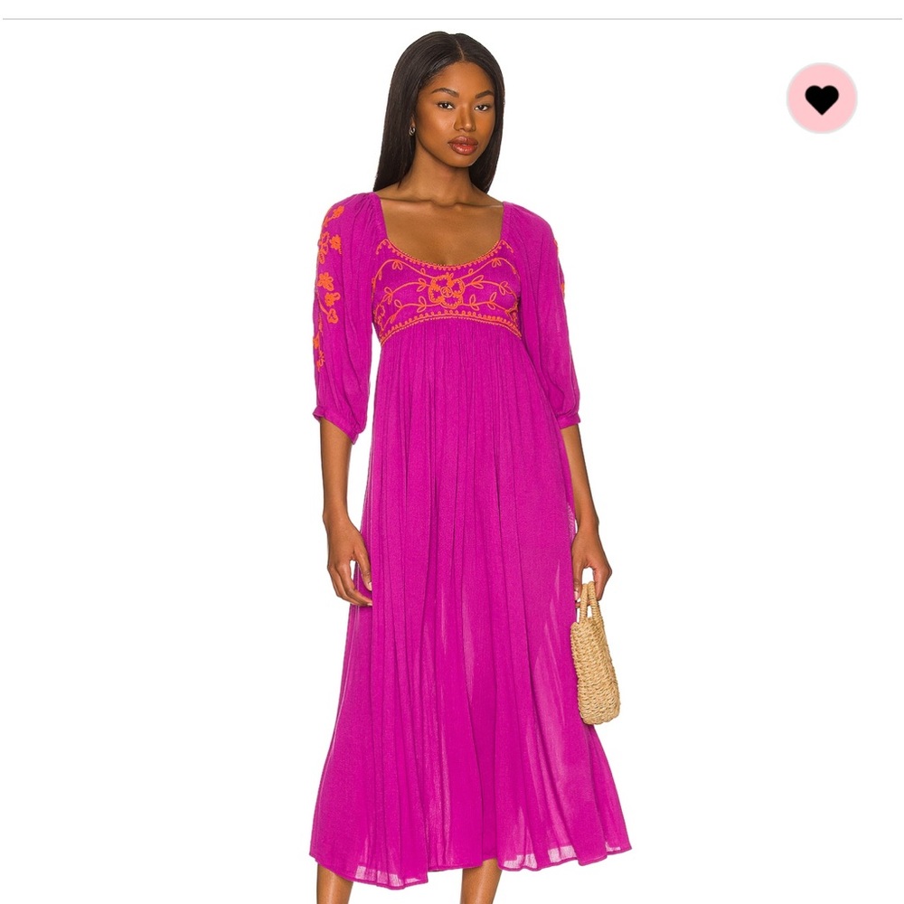 Free People Wedgewood Embroidered Puff Sleeve Smocked Cottagecore Midi xsmall